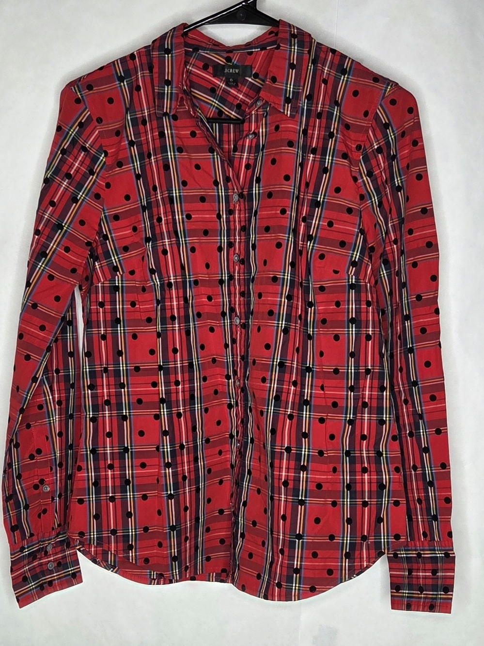 J. Crew Red Plaid Button-Down Shirt with Black Dot Pattern